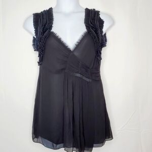 Black Ruffle Trim Babydoll Top Size L Sheer Whimsigoth V-neck Tunic Romantic
